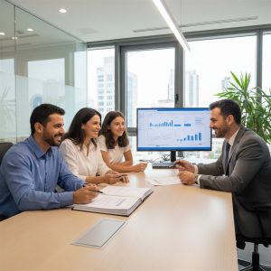 משפחה חותמת על מסמכי משכנתא לאיחוד הלוואות
